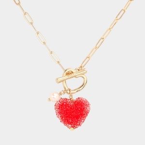 Red Heart Pendant Necklace Toggle Pearl Charm Gold Jewelry Statement Chain